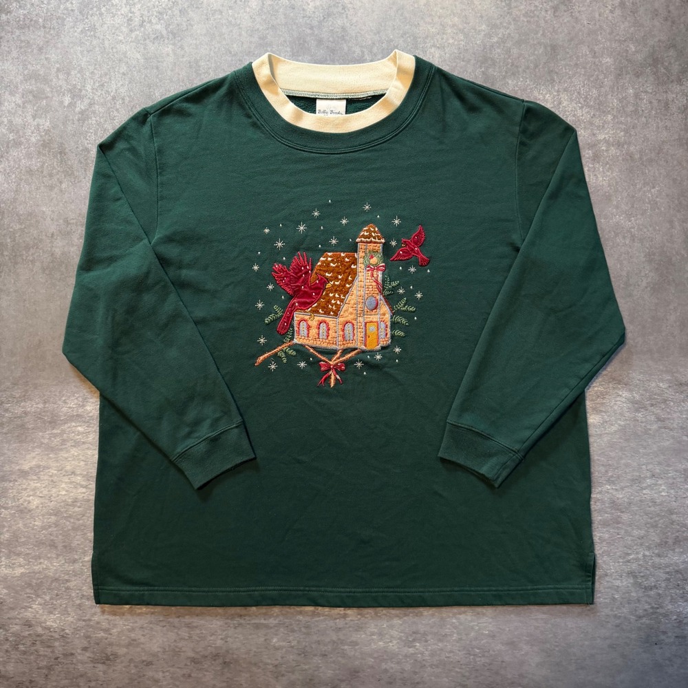 Vtg Bobbie Brooks Embroidered Christmas Sweatshirt Plus Size 1X Grandma Green